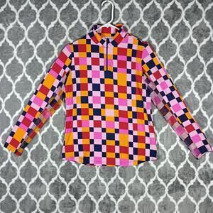 IBKUL Shirt Womens Medium Pink Orange Check UPF 50+ Long Sleeve Golf Mock Neck